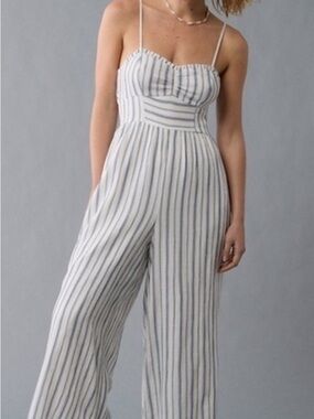 American Eagle Outfitters White and Blue Striped Wide-Leg Jumpsuit